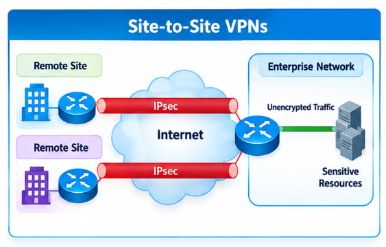 Site-to-site IPsec VPN tunnels connecting two remote sites to an enterprise network across the Internet