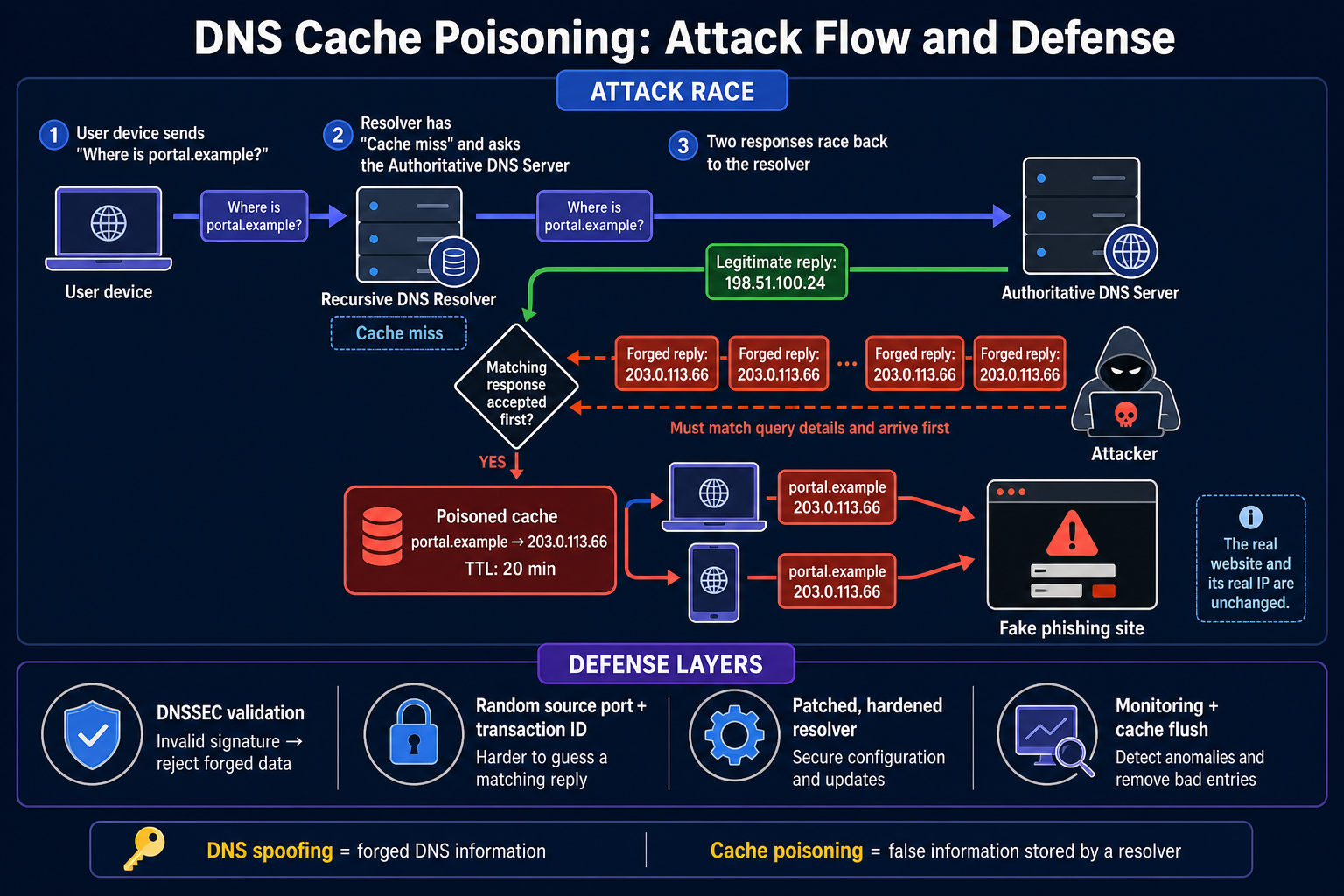 DNS cache poisoning attack flow showing a user query, recursive resolver cache miss, authoritative DNS server, forged replies racing the legitimate response, poisoned DNS record, redirected users, and defenses including DNSSEC