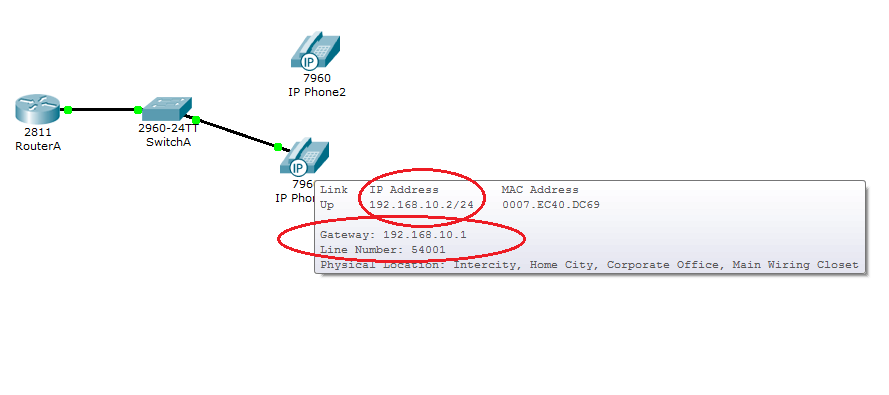 IP Phone 1 configured in Packet Tracer with IP address and extension 54001