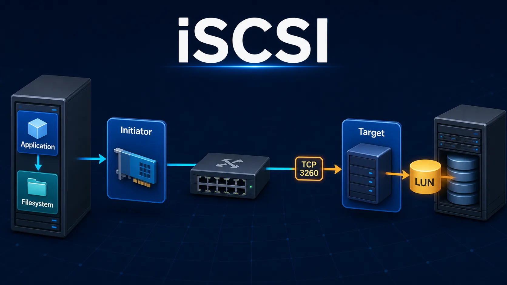 iSCSI initiator connecting through Ethernet to a target and LUN over TCP 3260