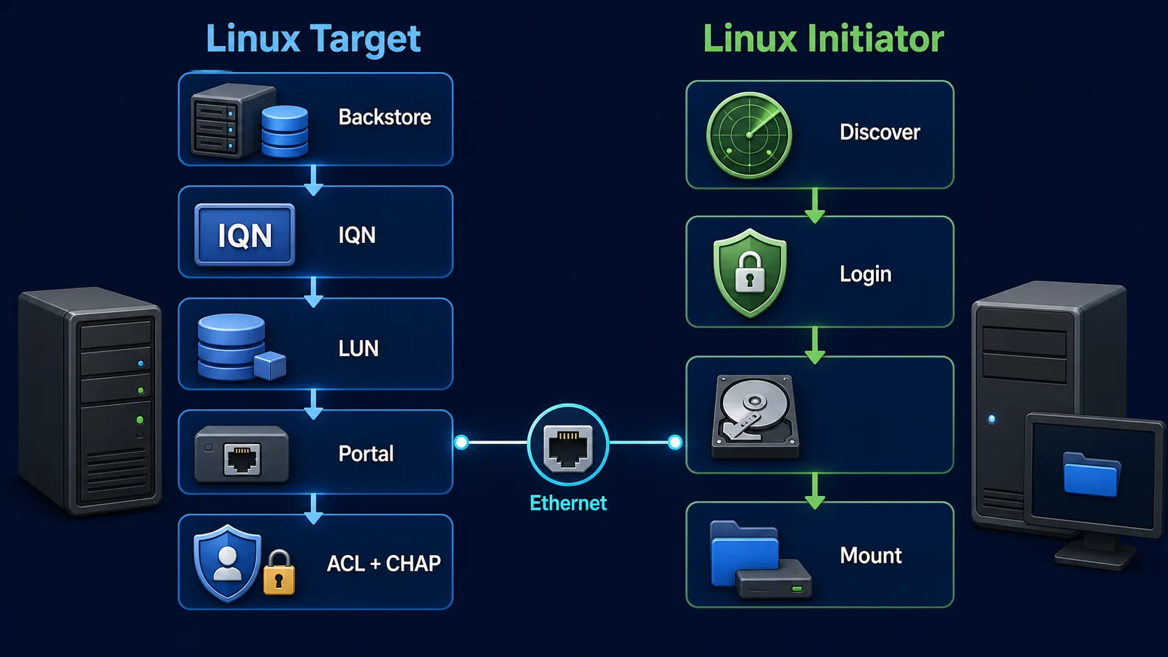 Linux iSCSI initiator workflow from discovery and CHAP login to detecting and mounting a LUN