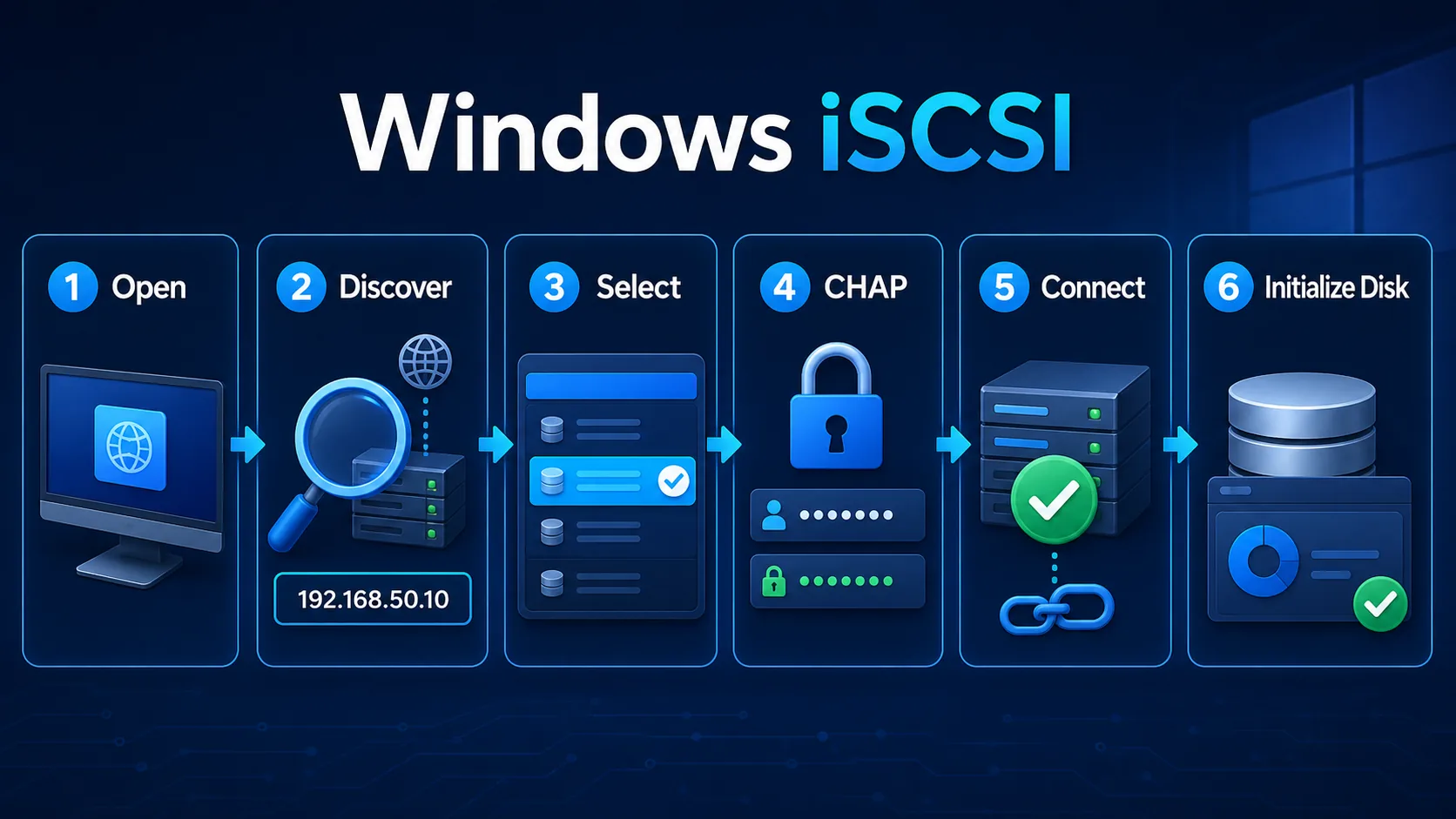 Windows iSCSI workflow: open, discover, select, authenticate, connect and initialize