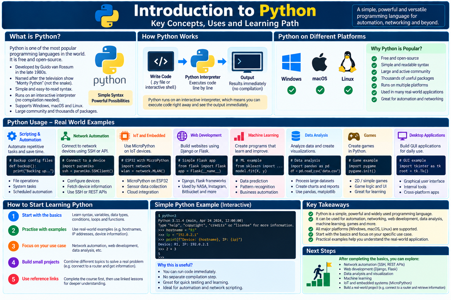Infographic explaining Python concepts, supported platforms, common uses, and a five-step learning path