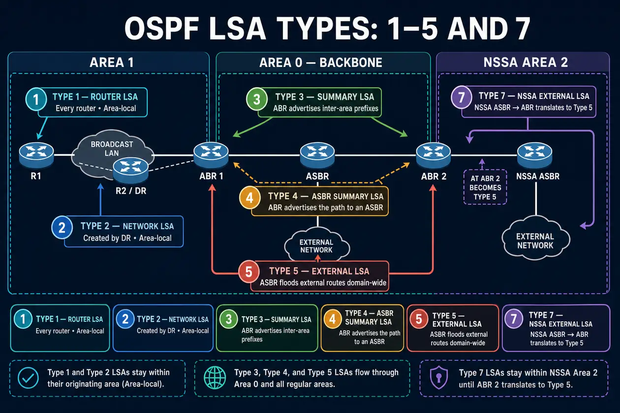 OSPF topology showing Type 1, 2, 3, 4, 5 and 7 LSA propagation