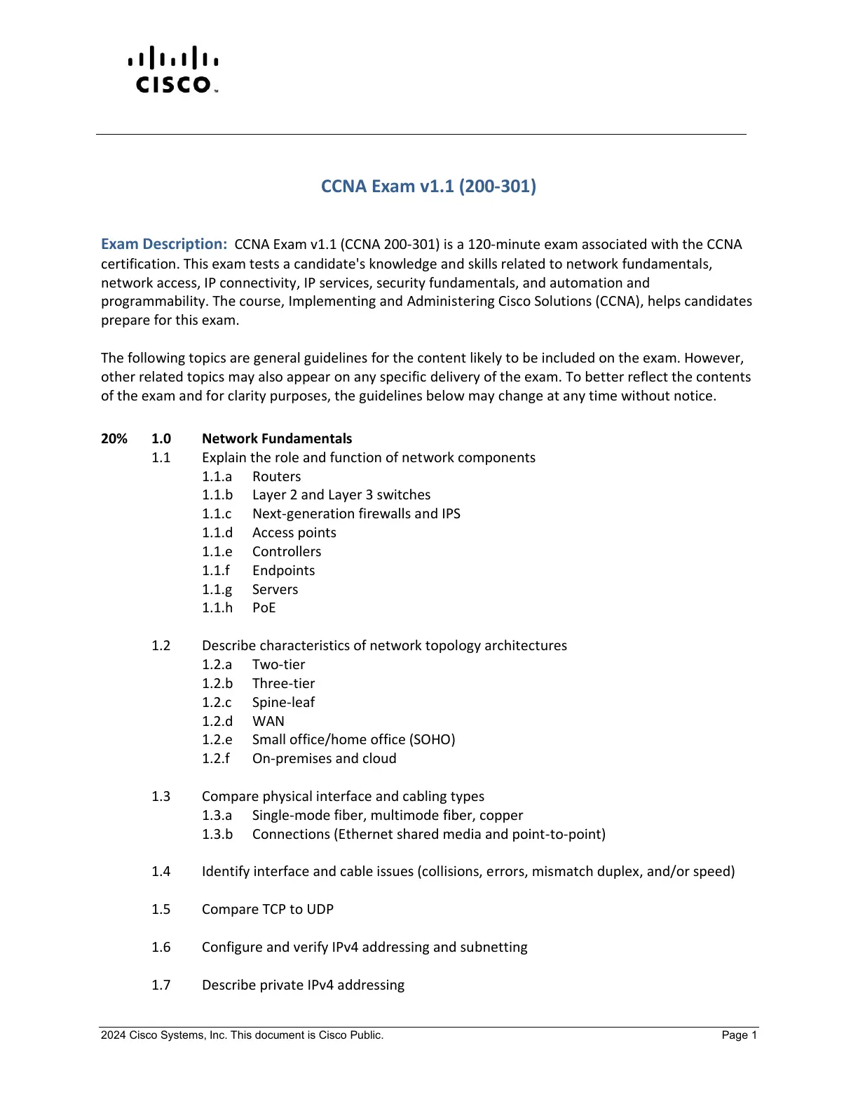 CCNA 200-301 v1.1 exam topics PDF page 1 showing exam description and Network Fundamentals topics