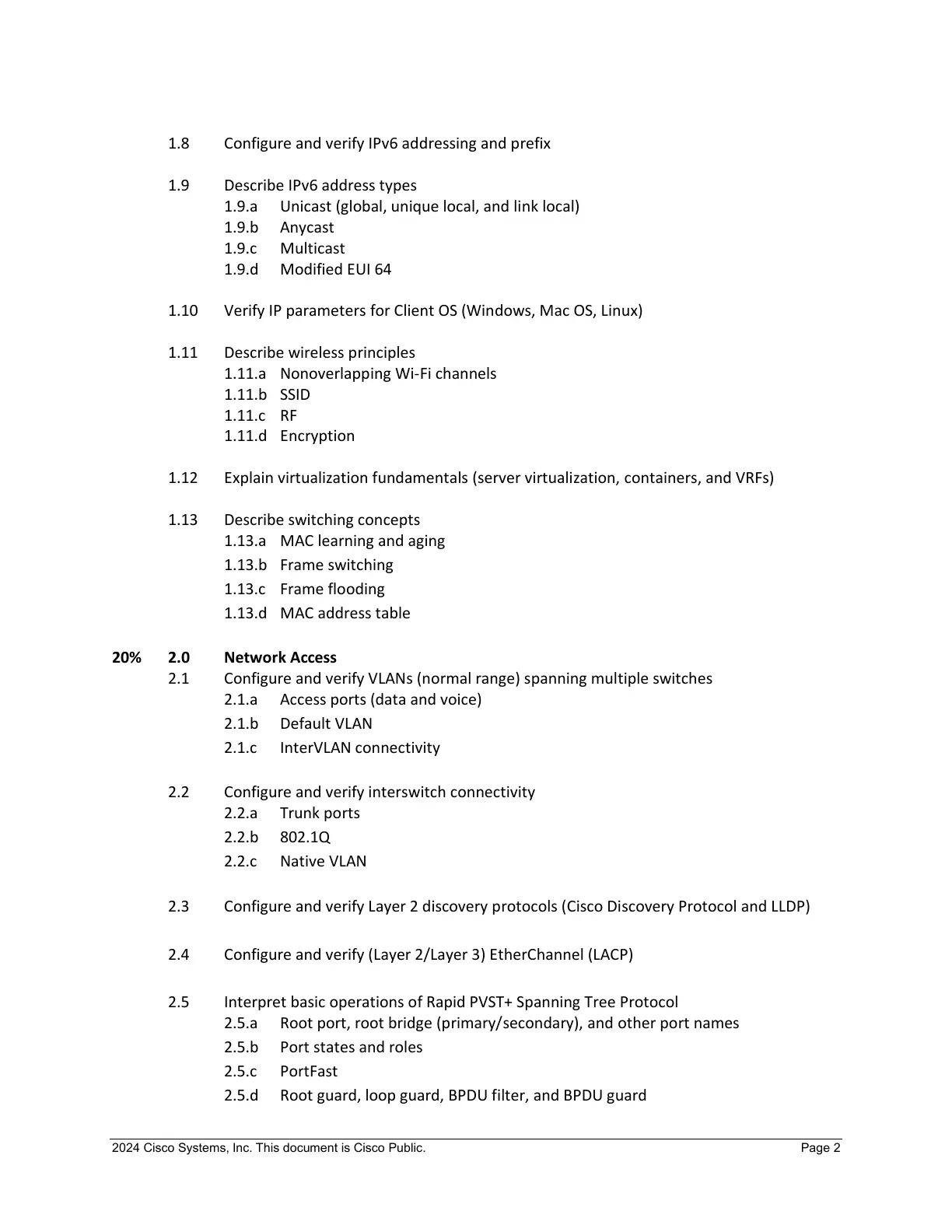 CCNA 200-301 v1.1 exam topics PDF page 2 showing Network Access and IP Connectivity topics