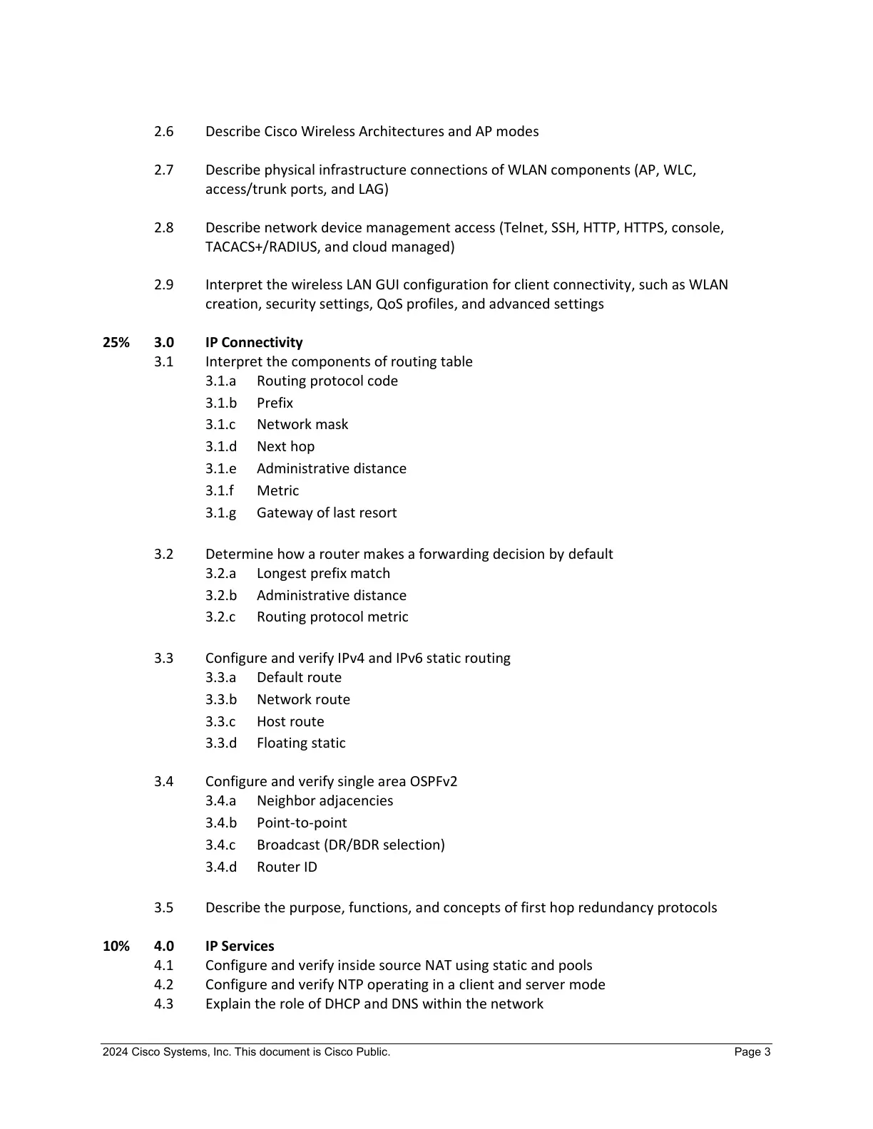 CCNA 200-301 v1.1 exam topics PDF page 3 showing IP Connectivity and IP Services topics