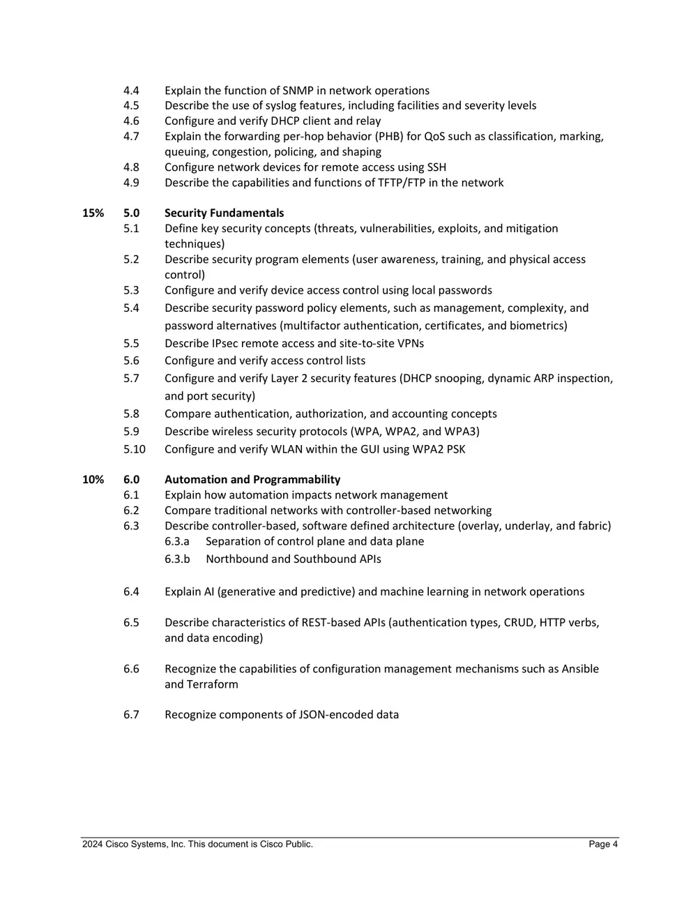 CCNA 200-301 v1.1 topics for security fundamentals and automation