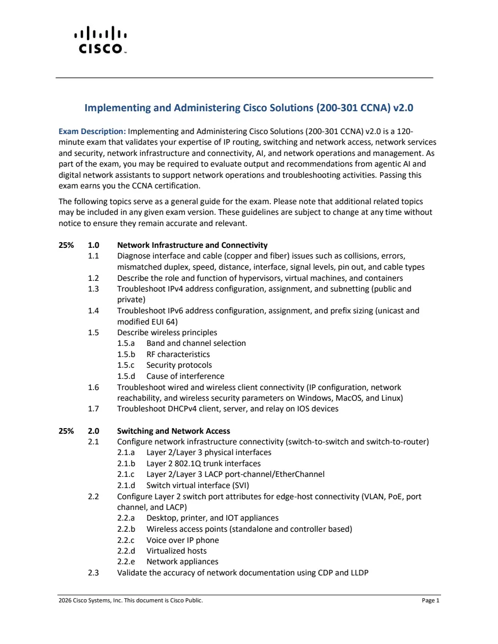 CCNA 200-301 v2.0 official blueprint page 1