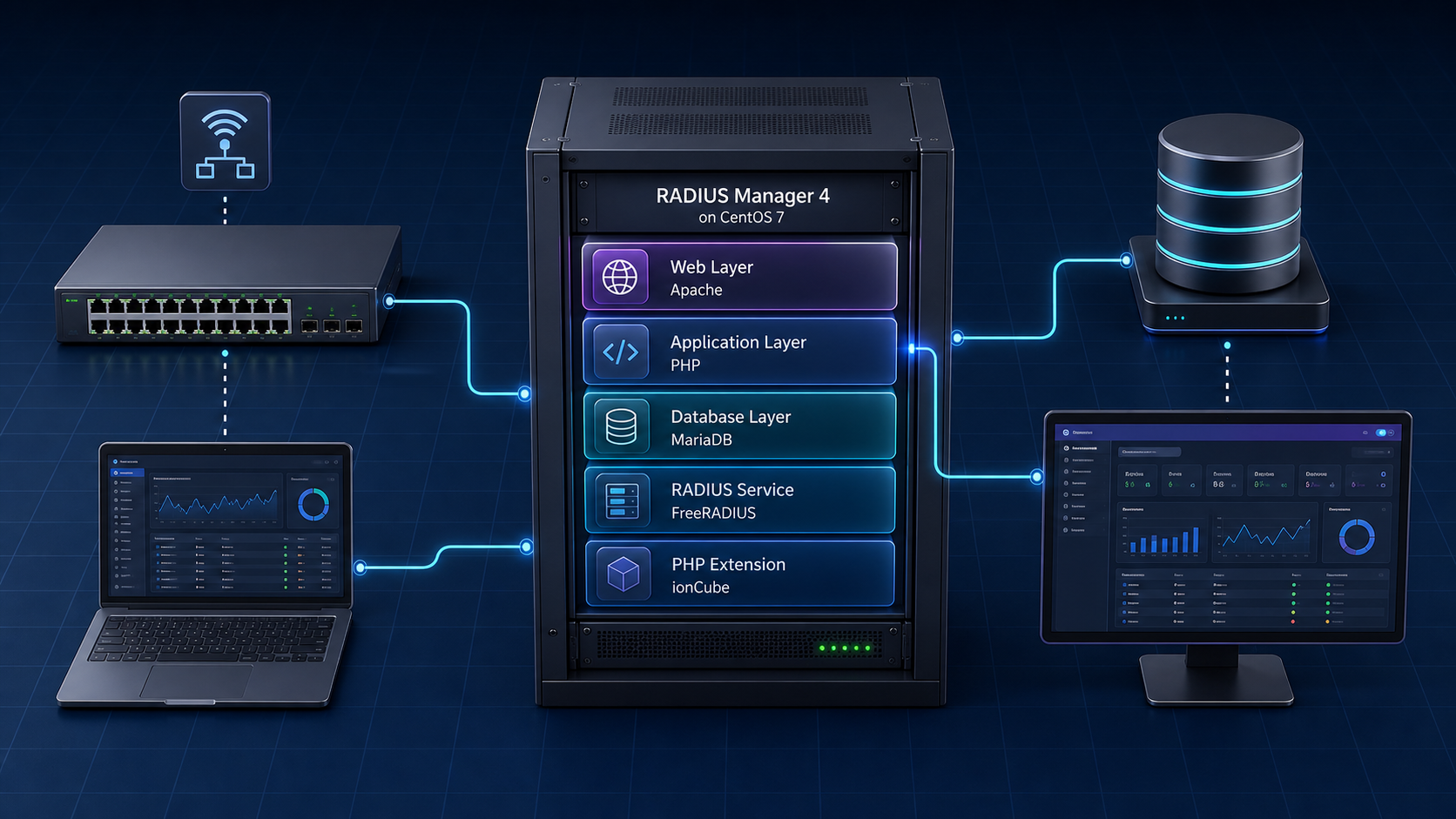 Diagram of a RADIUS Manager 4 legacy installation stack on CentOS 7
