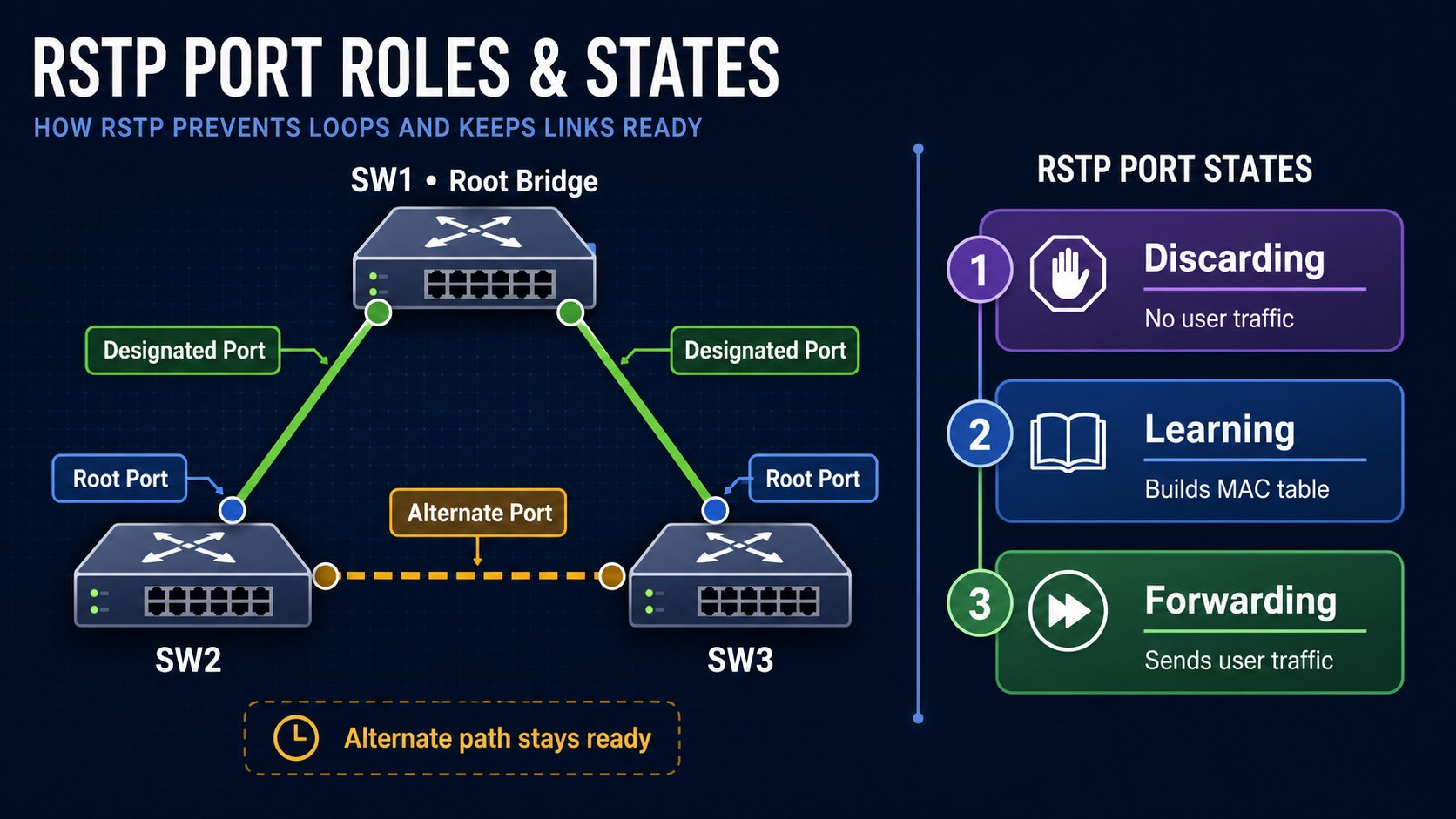 RSTP switch topology with port roles and three port states