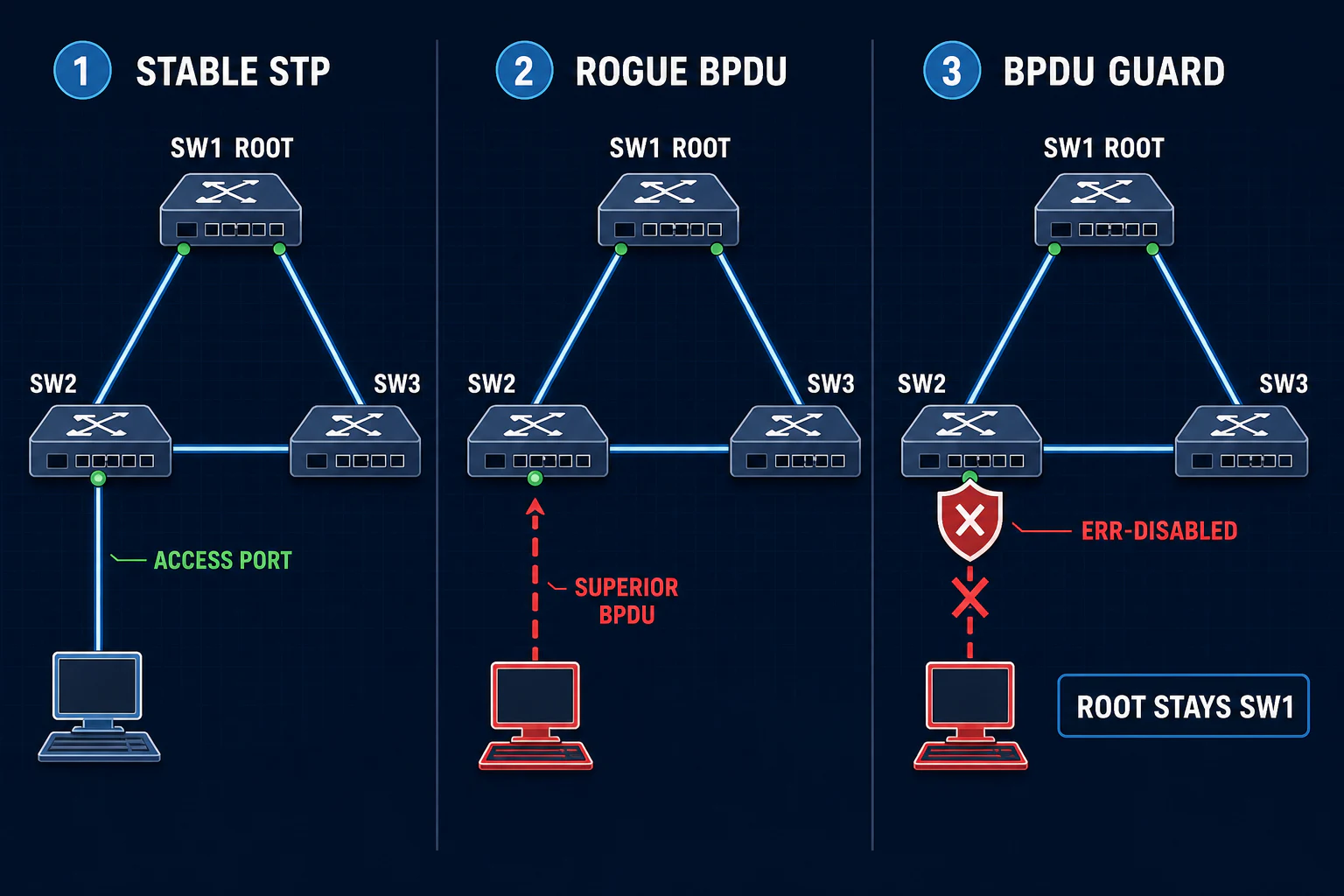 BPDU Guard workflow showing a stable triangular STP topology, a rogue endpoint sending a superior BPDU toward an access port, and BPDU Guard placing only that port into err-disabled state while SW1 remains root