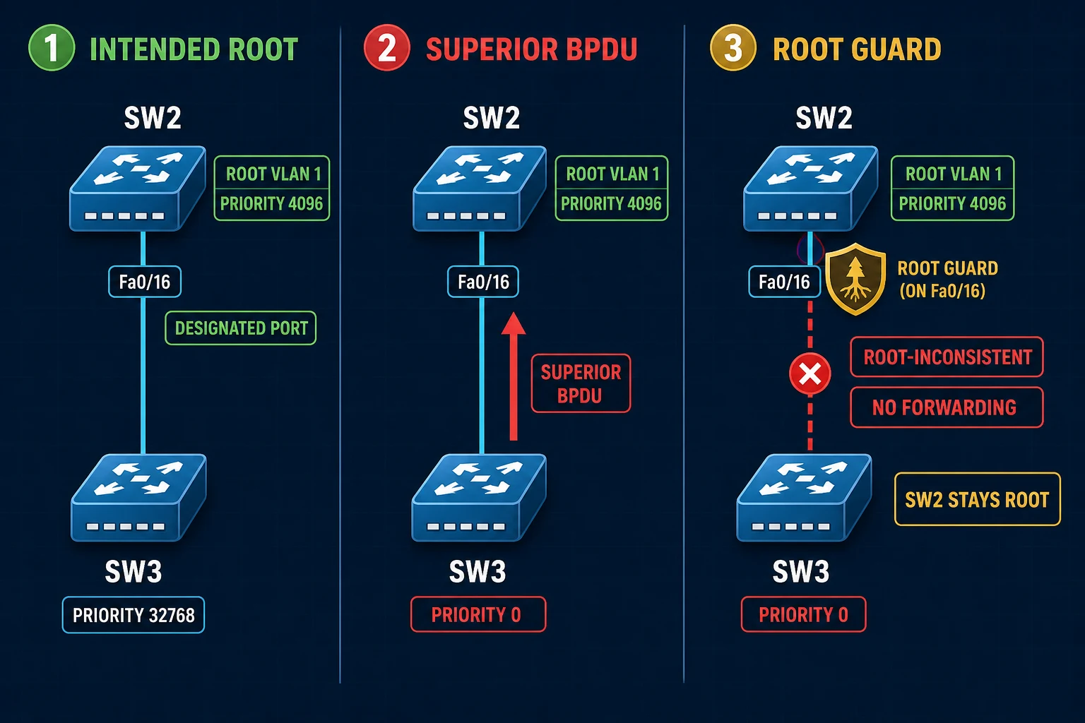 Three-stage Root Guard behavior showing SW2 as intended root, SW3 sending a superior BPDU after its priority changes to zero, and SW2 FastEthernet0/16 entering root-inconsistent blocking while SW2 remains root