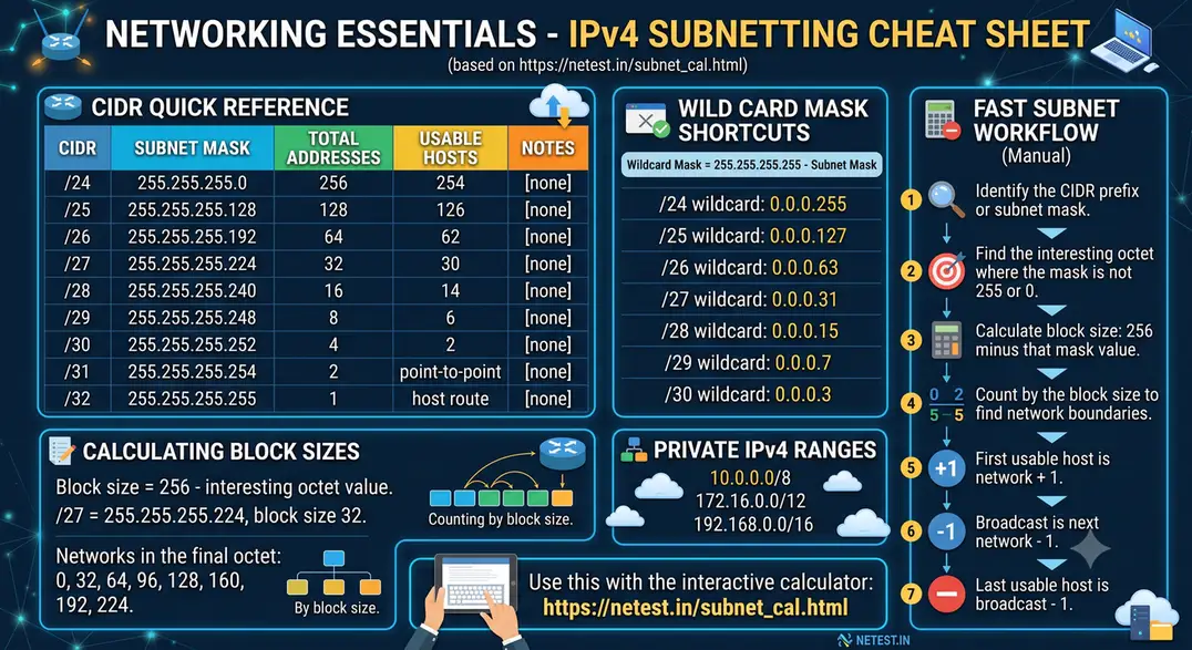 IPv4 subnetting cheat sheet with CIDR masks, host counts, wildcard masks and private ranges