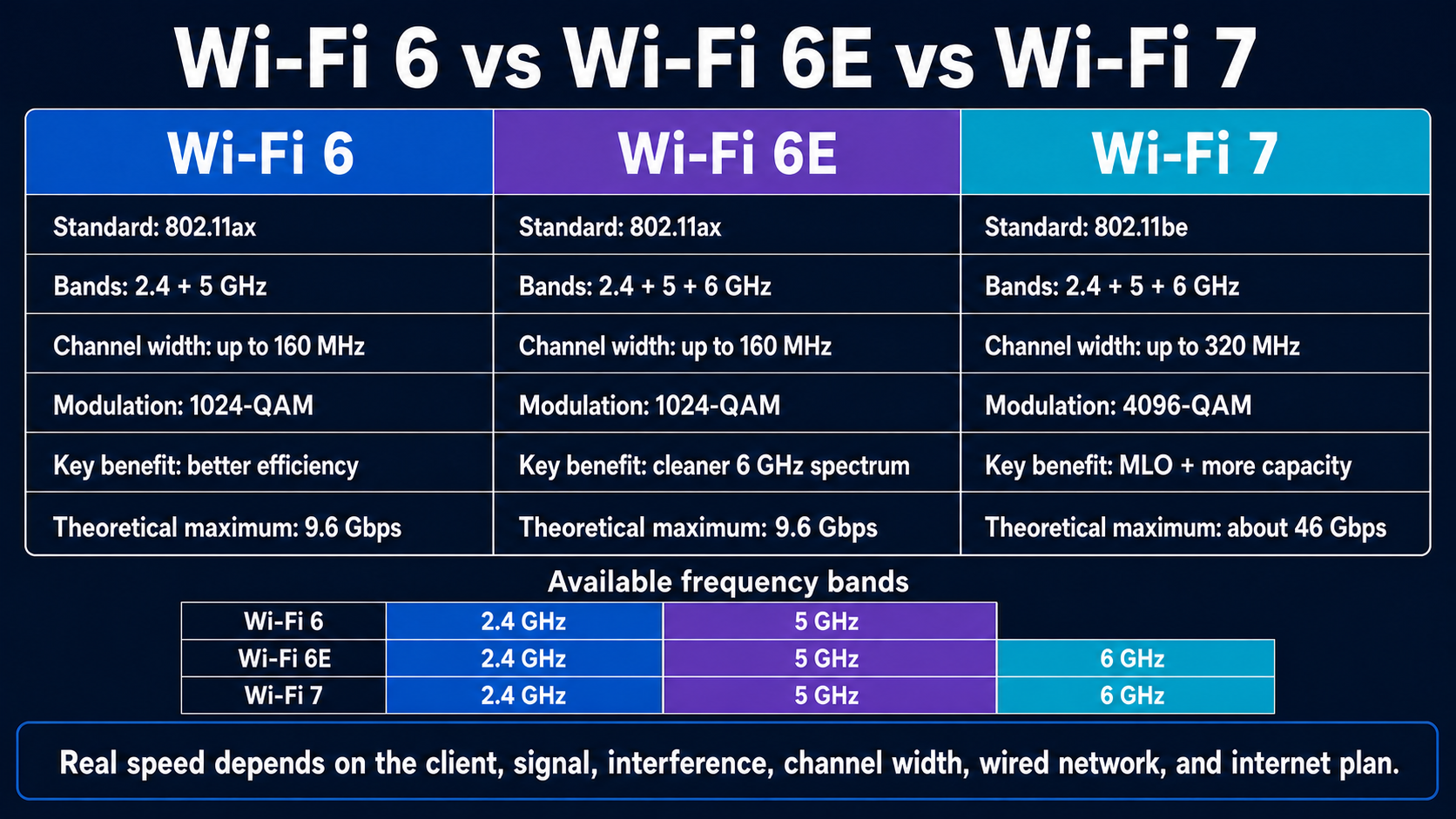 Visual comparison showing Wi-Fi 6 with two wireless bands, Wi-Fi 6E adding a third 6 GHz path, and Wi-Fi 7 coordinating multiple wider paths for many devices
